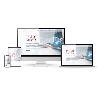 Referenz Website von palmmedia-scan.de, Computer, Laptop, Tablet und Smartphone mit responsiver Darstellung der Website